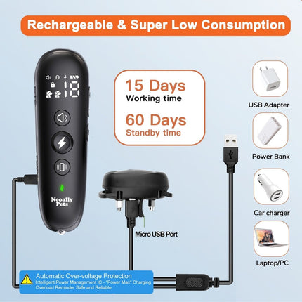 Pet training device with charging cable and power adapter on a light blue background