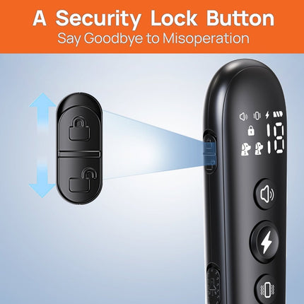 Black electronic device with security lock button and digital display on a blue background