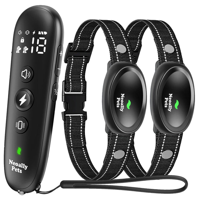 Black electronic pet training device with two collars and a remote control on a white background.