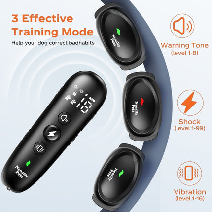 Dog training device with digital display and multiple modes on a light blue background