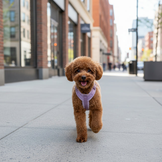 Brown dog wearing a teal harness sitting on a glass block platform with a white background