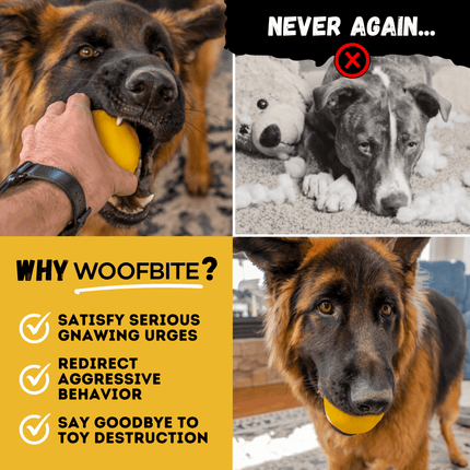 Collage of a German Shepherd with a yellow ball, a dog looking sad, and text about Woofbite product benefits.