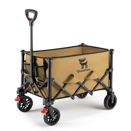 Beige folding wagon with black frame and wheels on a white background, featuring the Qunature brand logo.