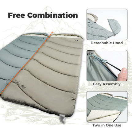 Sleeping bag with detachable hood feature and easy assembly on a white background