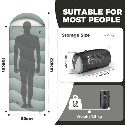 Measurement chart for a sleeping bag with dimensions and storage size details.