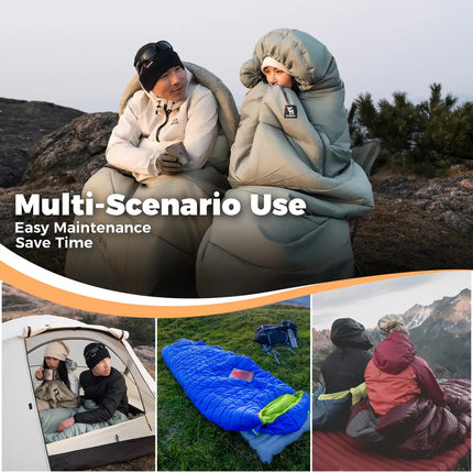 Two people using sleeping bags in various outdoor scenarios with text 'Multi-Scenario Use' and 'Easy Maintenance Save Time'.