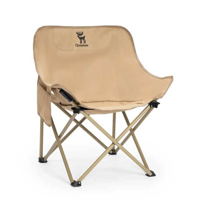 Beige camping chair with a visible brand logo on a white background