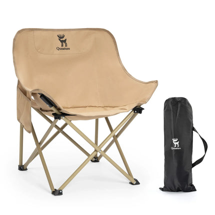 Beige camping chair with carrying bag on a white background