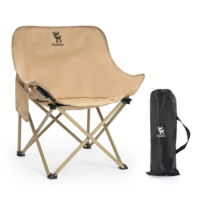 Beige camping chair with carrying bag on a white background