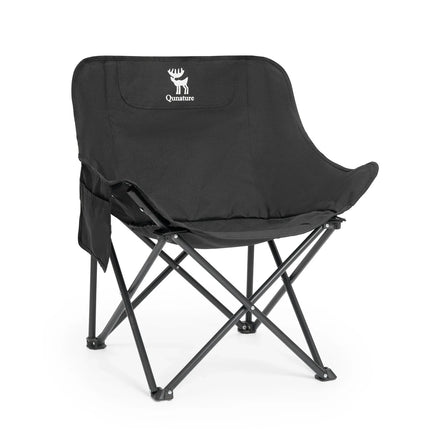 Black folding chair with a brand logo on a white background