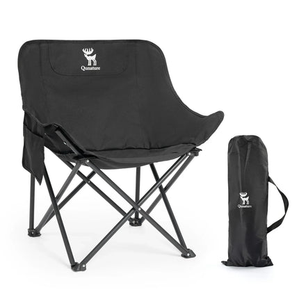 Black folding chair with carrying bag on a white background