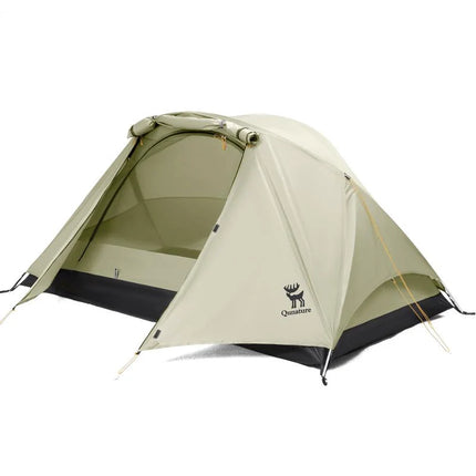 Green camping tent with a brand logo on a white background