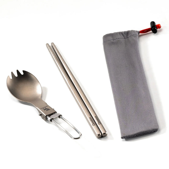 Titanium Camping Tableware Set with Folding Spoon & Chopsticks