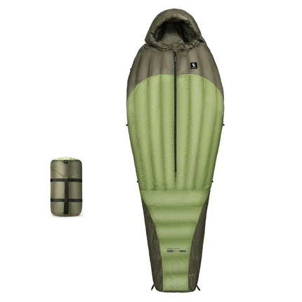 Green and gray sleeping bag with a smaller packed version on a white background