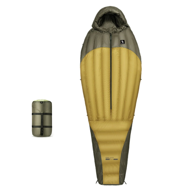 Yellow and gray sleeping bag with a smaller packed version on a white background
