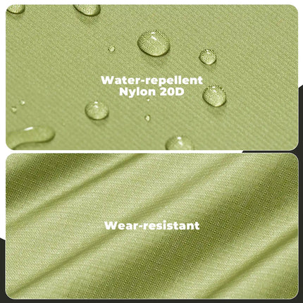 Green fabric with water droplets and text indicating water-repellent and wear-resistant properties.