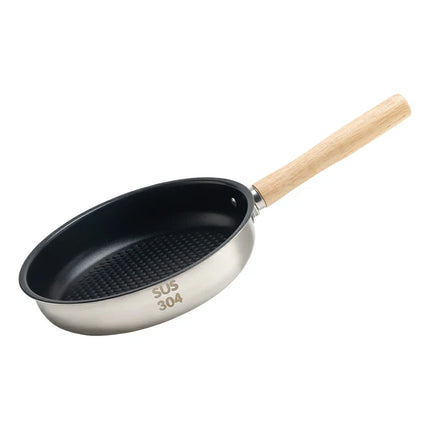 Small frying pan with a wooden handle on a white background