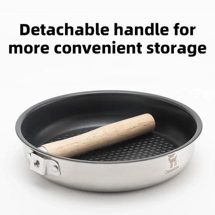 Pot with a detachable wooden handle on a white background, featuring text about convenient storage.