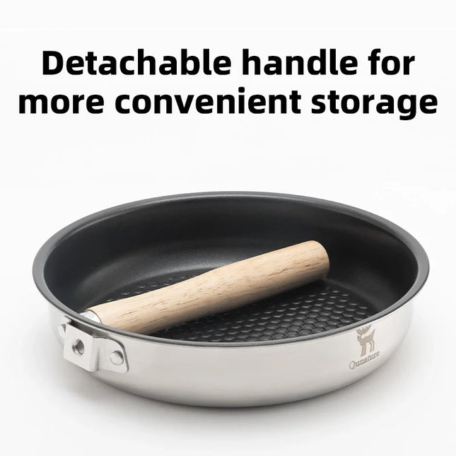 Pot with a detachable wooden handle on a white background, featuring text about convenient storage.