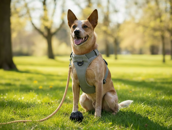 Red Heeler with Correct Green Braided Rope Leash