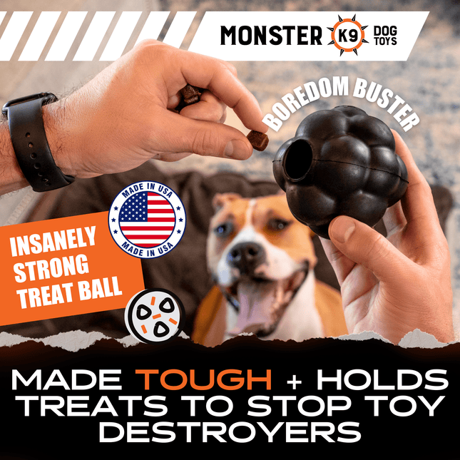 Dog toy being held by a hand with a dog in the background, featuring Monster K9 branding.