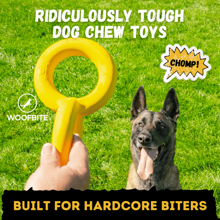 Yellow dog chew toy with a hand holding it, and a dog in the background on grass.