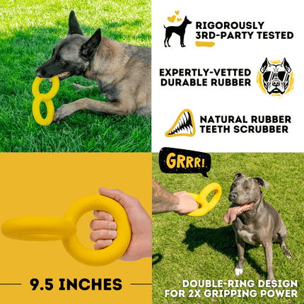 Dog playing with a yellow rubber toy on grass, with product features and testing information displayed.