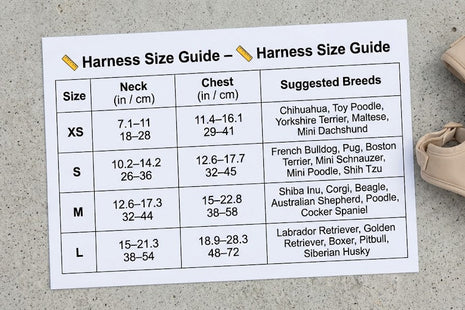 Harness size guide with a dog harness on a concrete surface