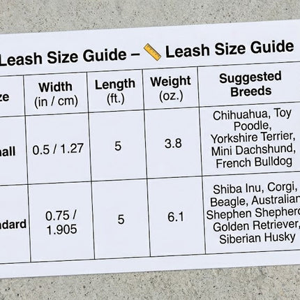Leash size guide with a leash on a concrete surface